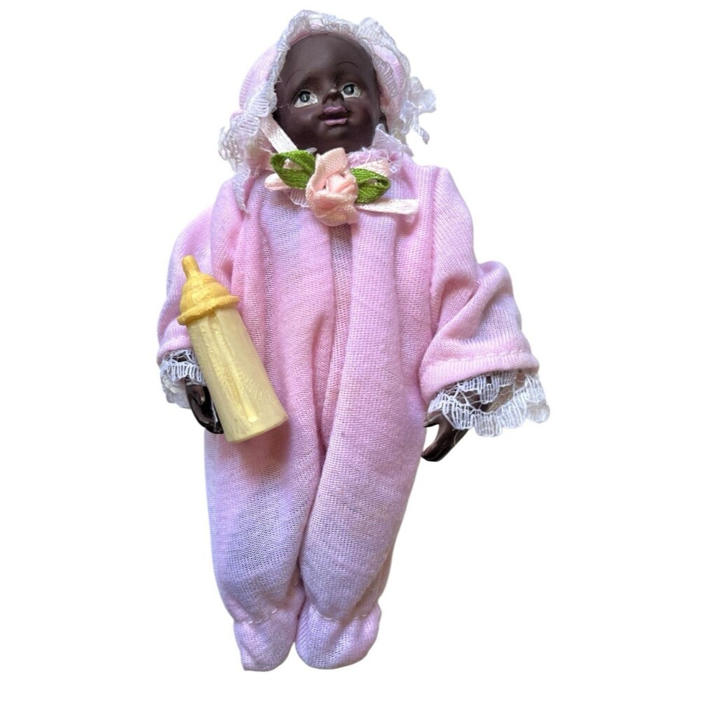 Vintage Bisque Doll Black Baby Bottle Jointed Cloth Body 5-1/2"